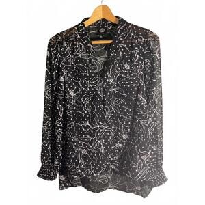 Black/White Sheer Floral Print Blouse Smocked Cuffs Puff Sleeves Size L